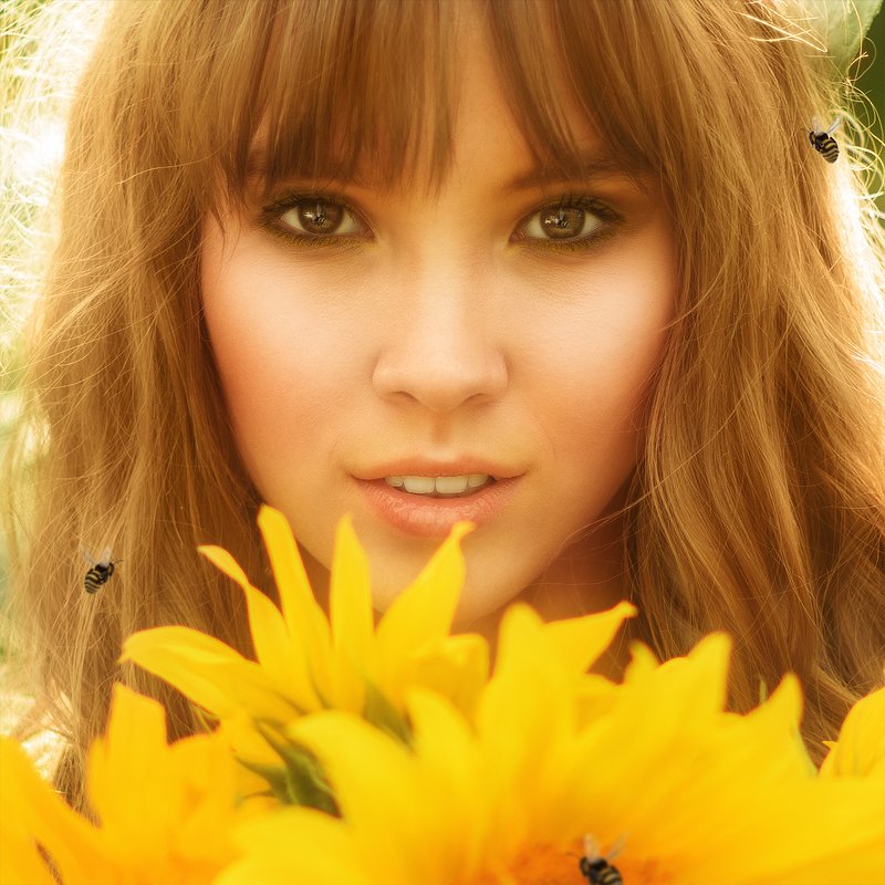 портрет, подсолнух, девушка, пчела, желтый, закат, portrait, face, close up, yellow, sunflower, bee  фото превью