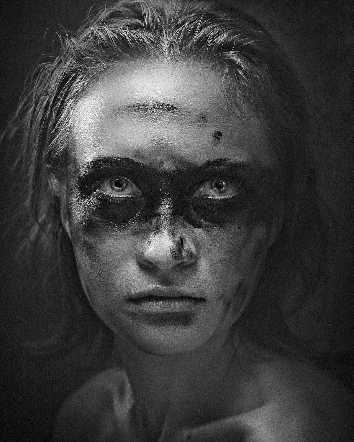 female, portrait, aggressive, vikings, pagan, makeup, art, black and white, retro, medieval, woman, girl, warrior, shaman, voodoo, face, one, person, people, Дмитрий Толоконов