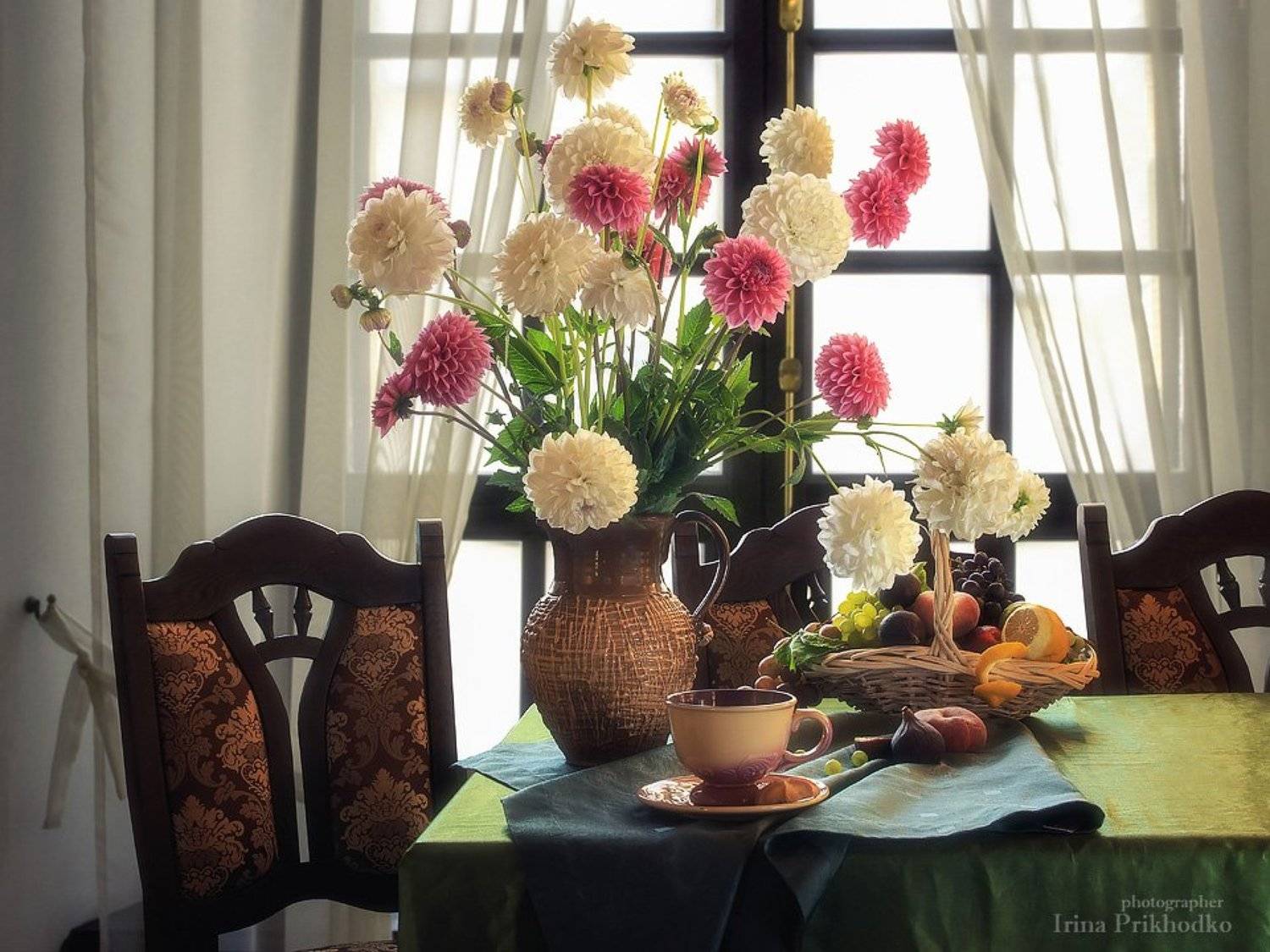 натюрморт, цветочный, винтажный, интерьер, георгины, букет, фрукты, Ирина Приходько