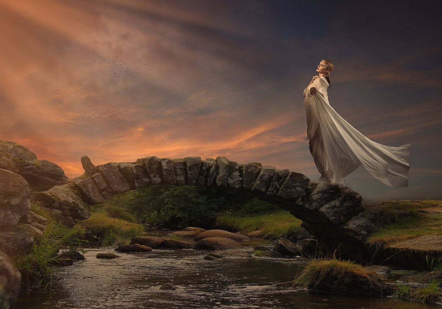 мост, девушка, облака, закат, Sergii Vidov