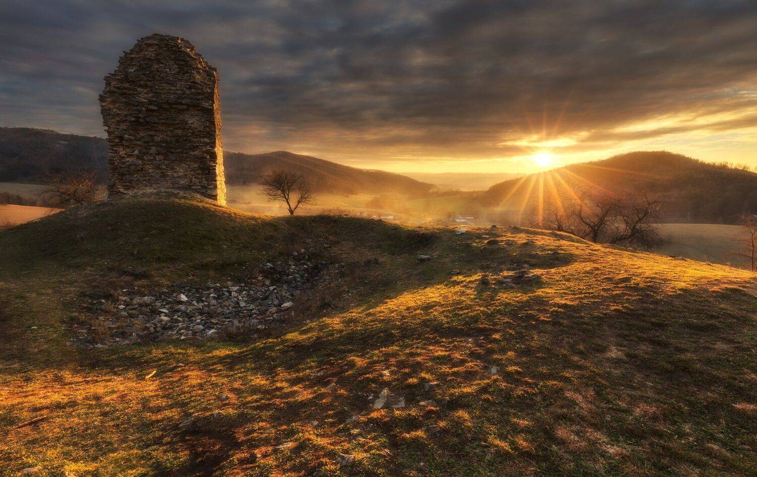 landscape, sunset, castle, sun, Petr Fiala