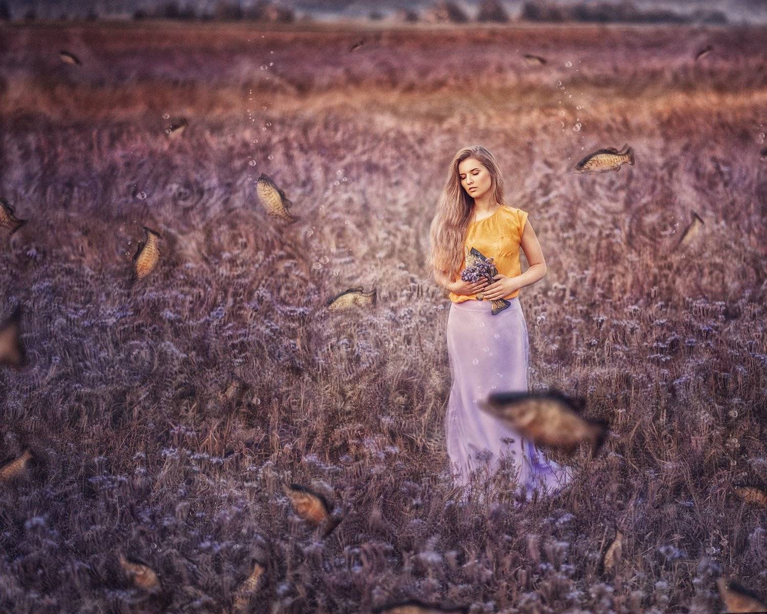 portrait, surrealism, purple, fishing, women, blond, field, outdoor, девушка, портрет, поле, сюрреализм, фиолетовый, рыбалка, Марина Семёхина