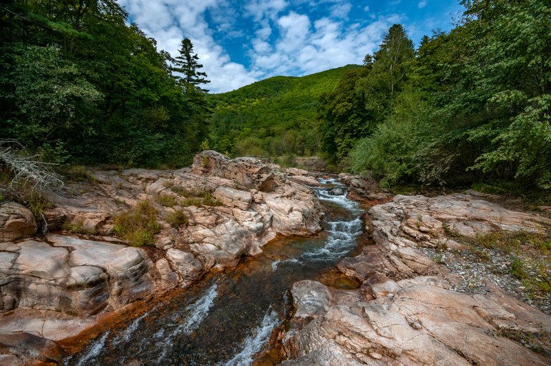 Nature, Forest, River, Stream, Landscape, Mountain, Tree, Outdoors, Scenics, Water, Rock - Object, Waterfall, Summer, Beauty In Nature, Green Color, Flowing Water, Travel, Stone - Object, Woodland, Valley Розовые пороги фото превью