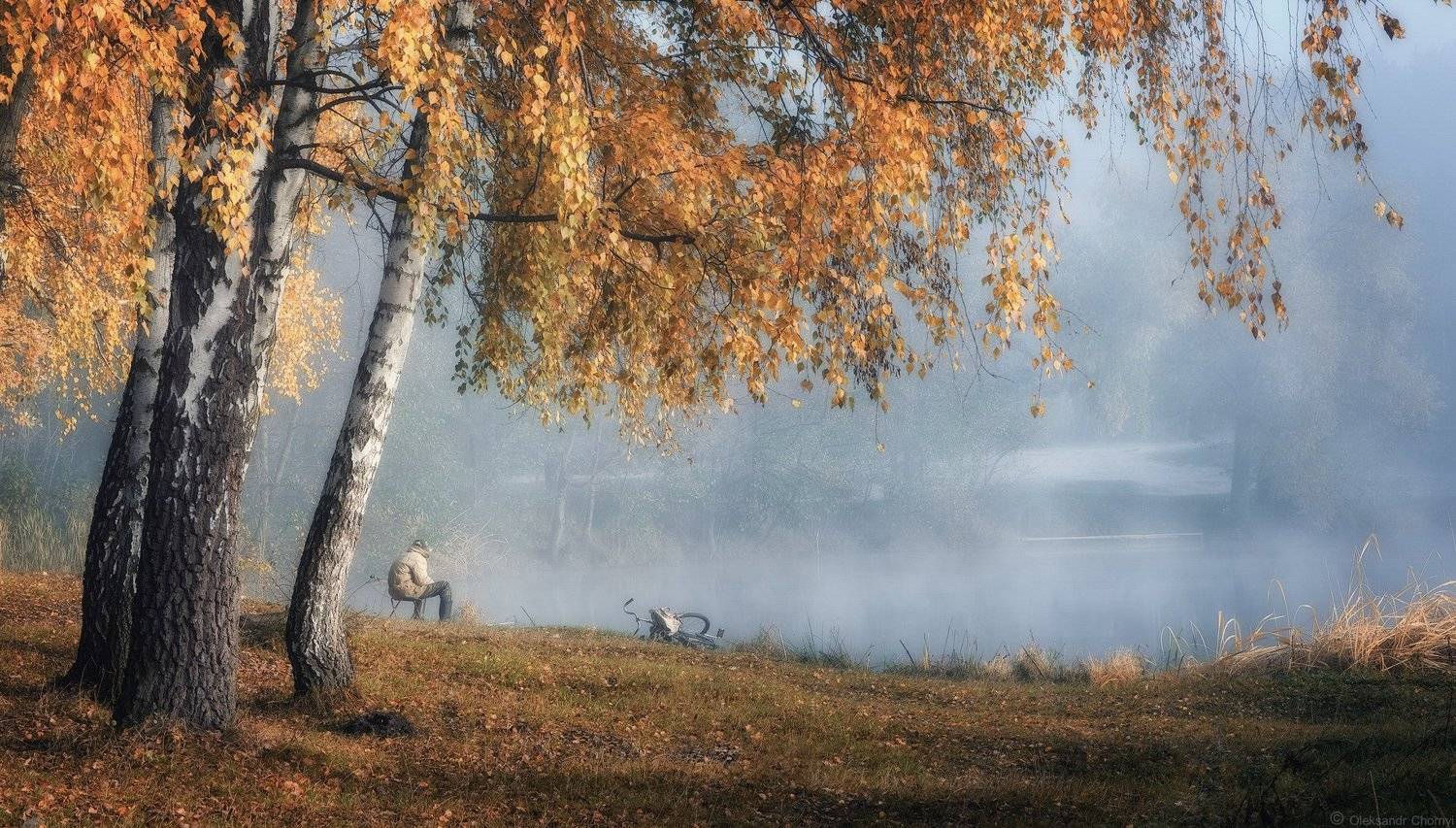 украина, коростышев, природа,  полесье, первое, озеро, утро, туман, тишина, рыбак, один, гармония, уединение, сказка, велосипед, берег, березки, доброта, фотограф, чорный, александр, Александр Чорный
