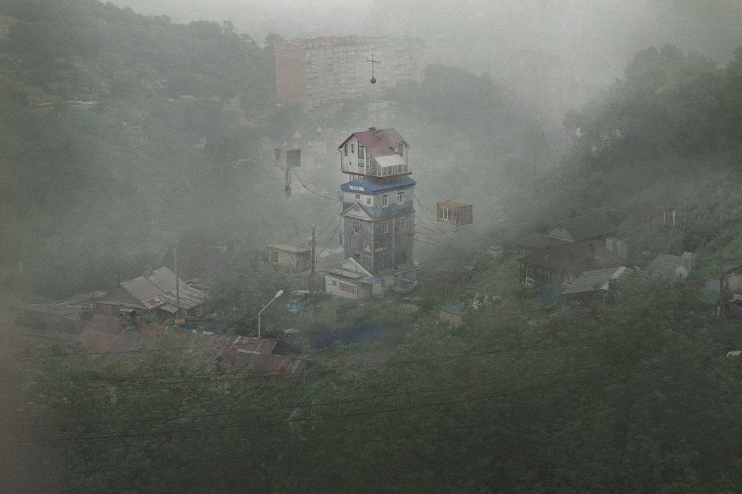 forest, art, collage, surrealism, print, digital, 3d, fog, nature, landscape, artist, photomanipulation, house, Кирилл Сметанин