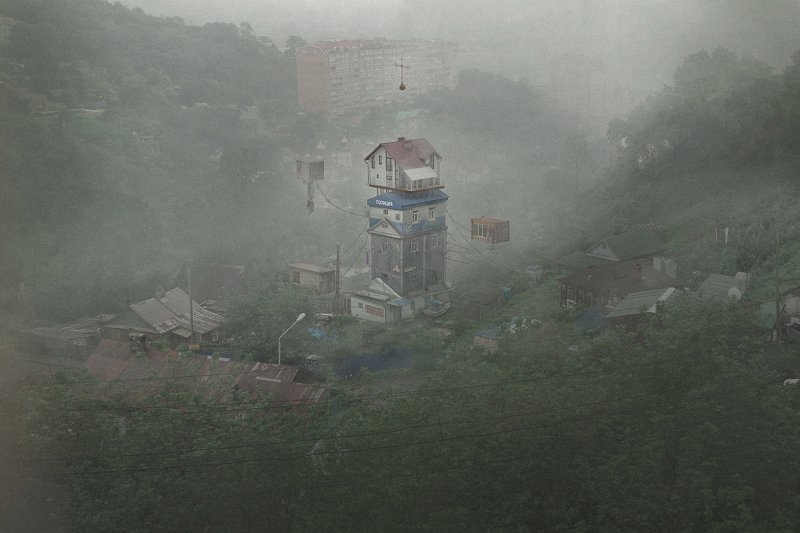 forest, art, collage, surrealism, print, digital, 3d, fog, nature, landscape, artist, photomanipulation, house Система фото превью