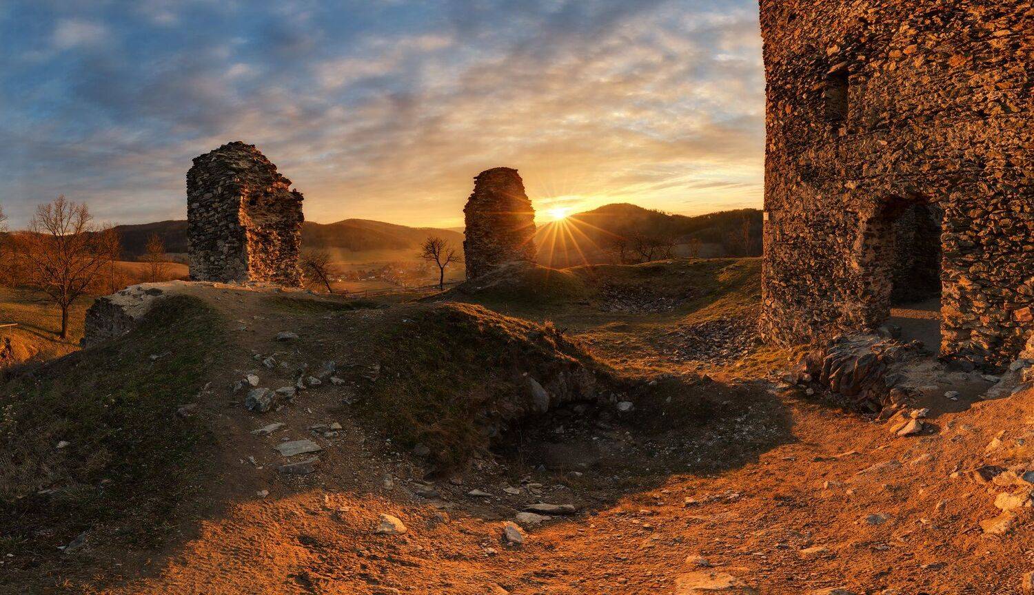 landscape, sunset, castle, sun, Petr Fiala