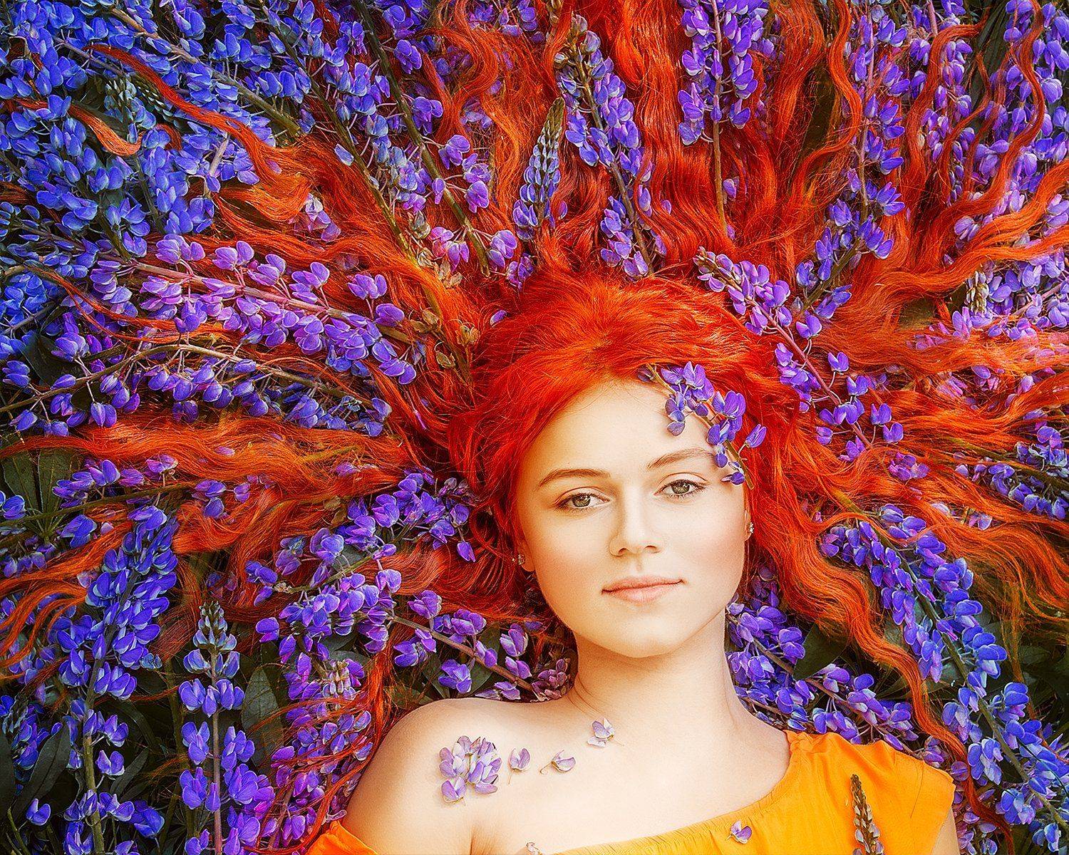 портрет, рыжий, люпины, фиолетовый, лето, цветы, portrait, redhead, redhair, purple, flowers, summer, Марина Семёхина