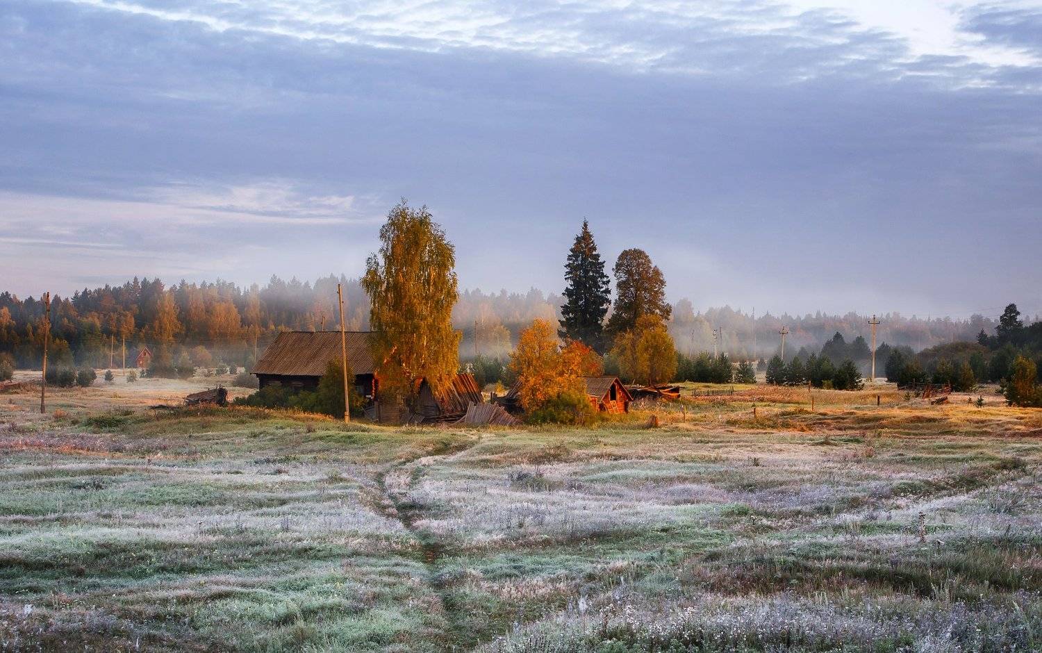 Деревня, Удмуртия, Первый заморозок, иней, восход, утренний пейзаж, русская деревня, Россия, Vyacheslav Lozhkin