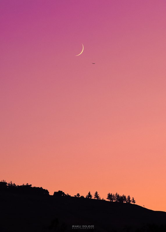moon, plane, landscape, sunset, trees, violet, color, Autumn Cozy фото превью