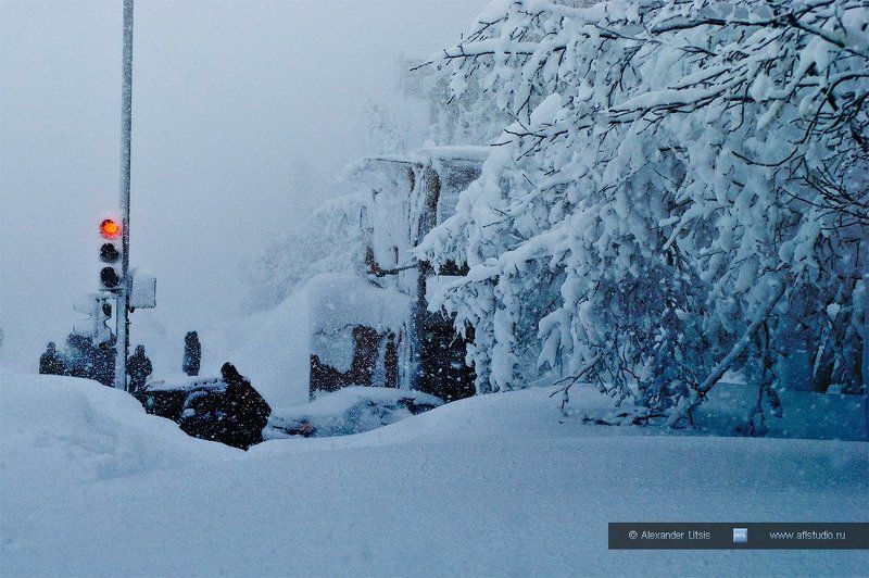город, улица, метель, пурга, перекресток, светофор Светофор фото превью