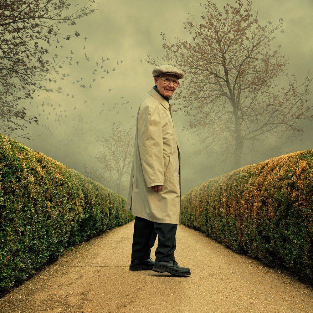 man,old,light,clouds,sky,tree,birds,walking,shadow,clouds,light,reflection,glass, bush, autumn, colorful, mist, fog, Caras Ionut