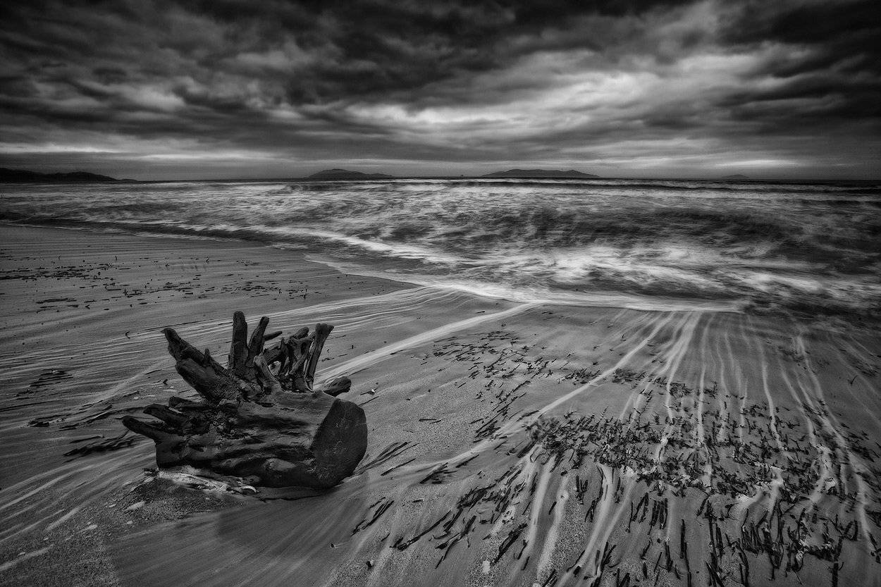 море, пень, волны, вечер, Андрей Кровлин