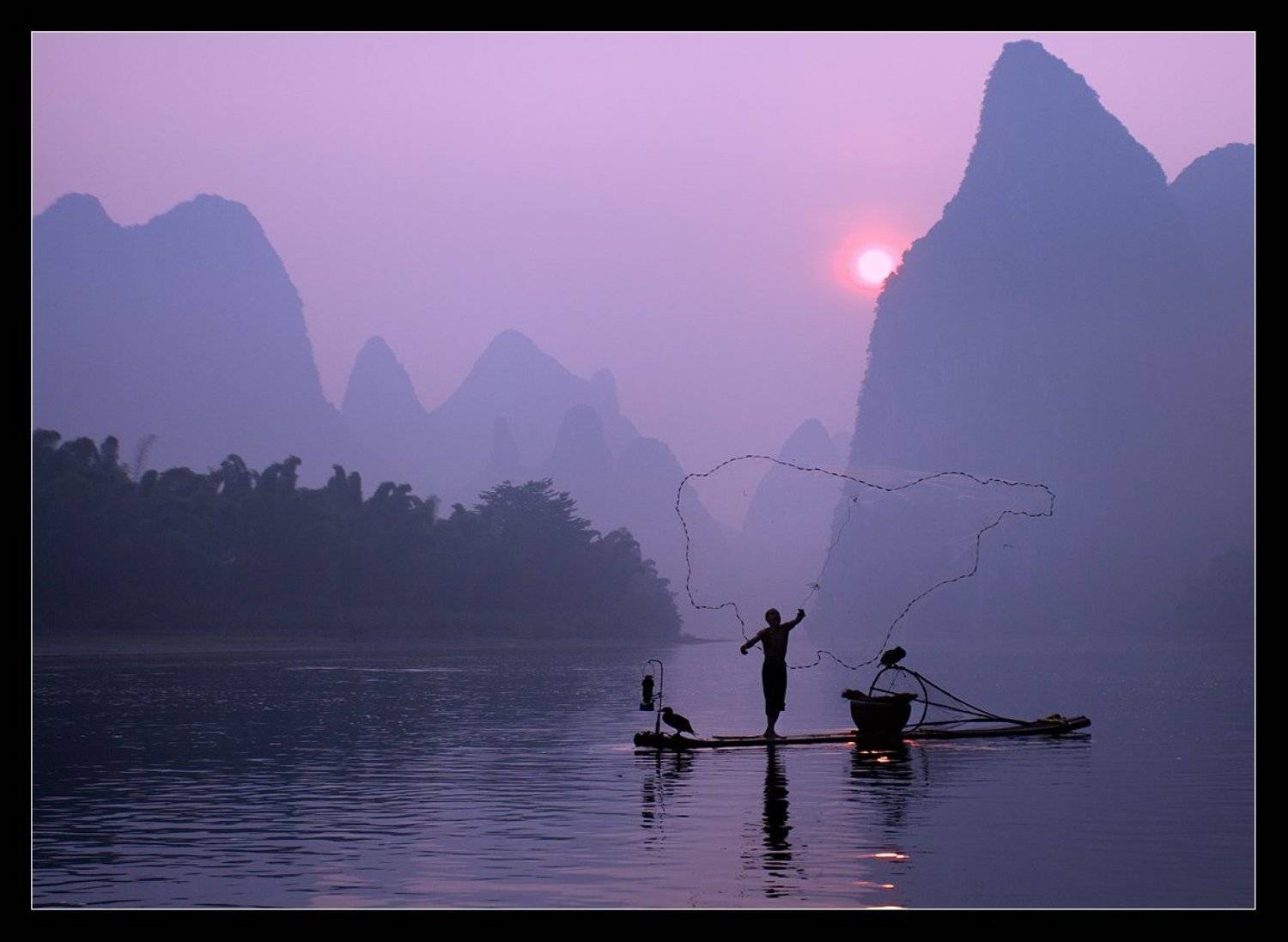 китай, река ли, рыбак, восход, Виктория Роготнева