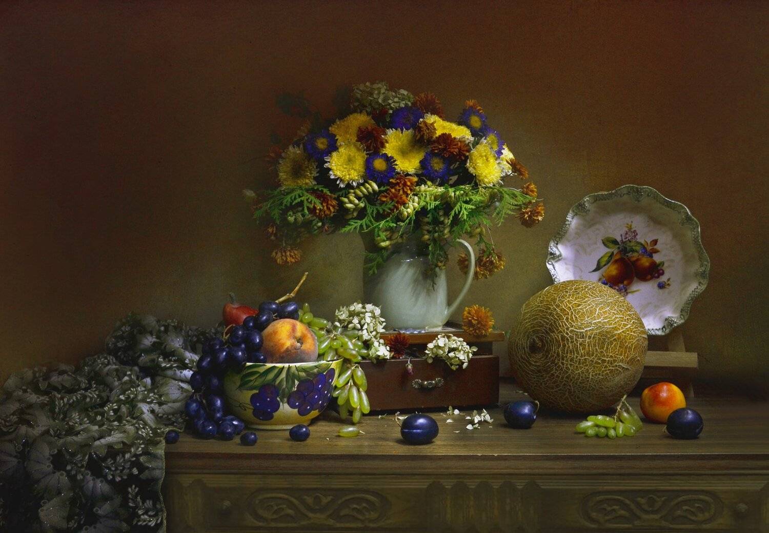 still life, натюрморт,цветы, хризантемы,астры,дыня, фото натюрморт, стихи, сентябрь, гортензия,осень, виноград, Колова Валентина