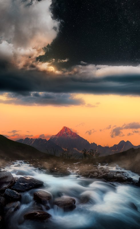 #ossetia #landscape #mamison #sunset #moon #clouds #stars #river #mountains #caucasus #moonlight #пейзаж #закат #горы #осетия Времена суток фото превью