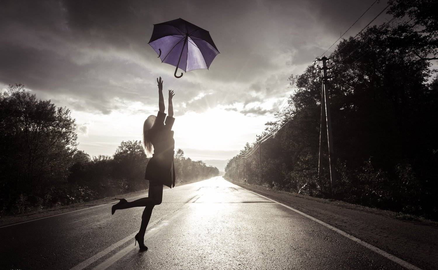 девушка, черно-белое, зонт, Денис Винарь