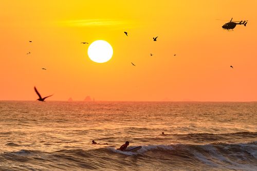 Traffic jam over the Pacific ocean at sunset. Lima, Peru