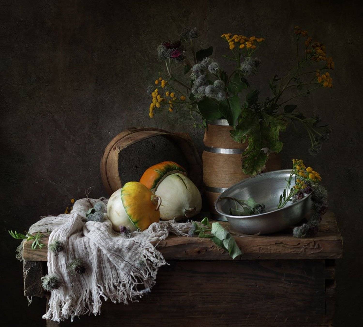 натюрморт, пижма, репей, посуда, осень, ткань, тыква, Галина Рябикова-Багузова