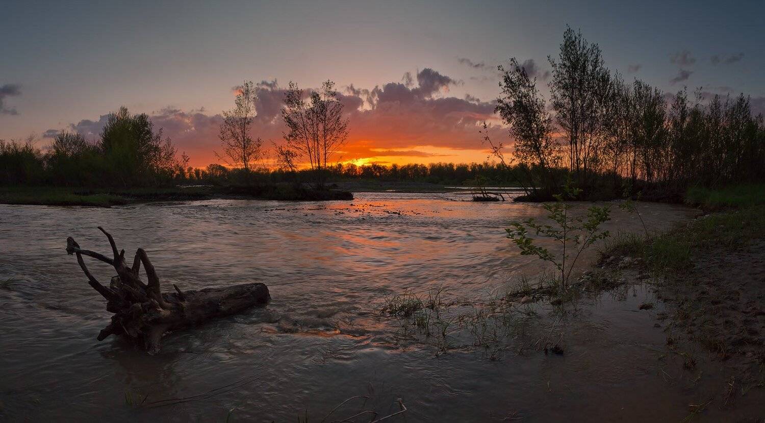 вечер, закат, апрель, река, лаба, Николай Мысливцев