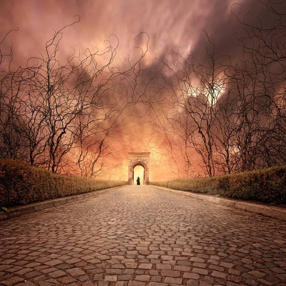 light, clouds, tree, road, gate, bush, shadow, man, wood, toned, stone, mystery, rays, dramatic, colorful, bricks, passing, portal, pastor, Caras Ionut