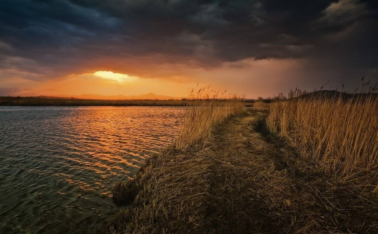 гроза, озеро, дорога, вечер, Андрей Кровлин