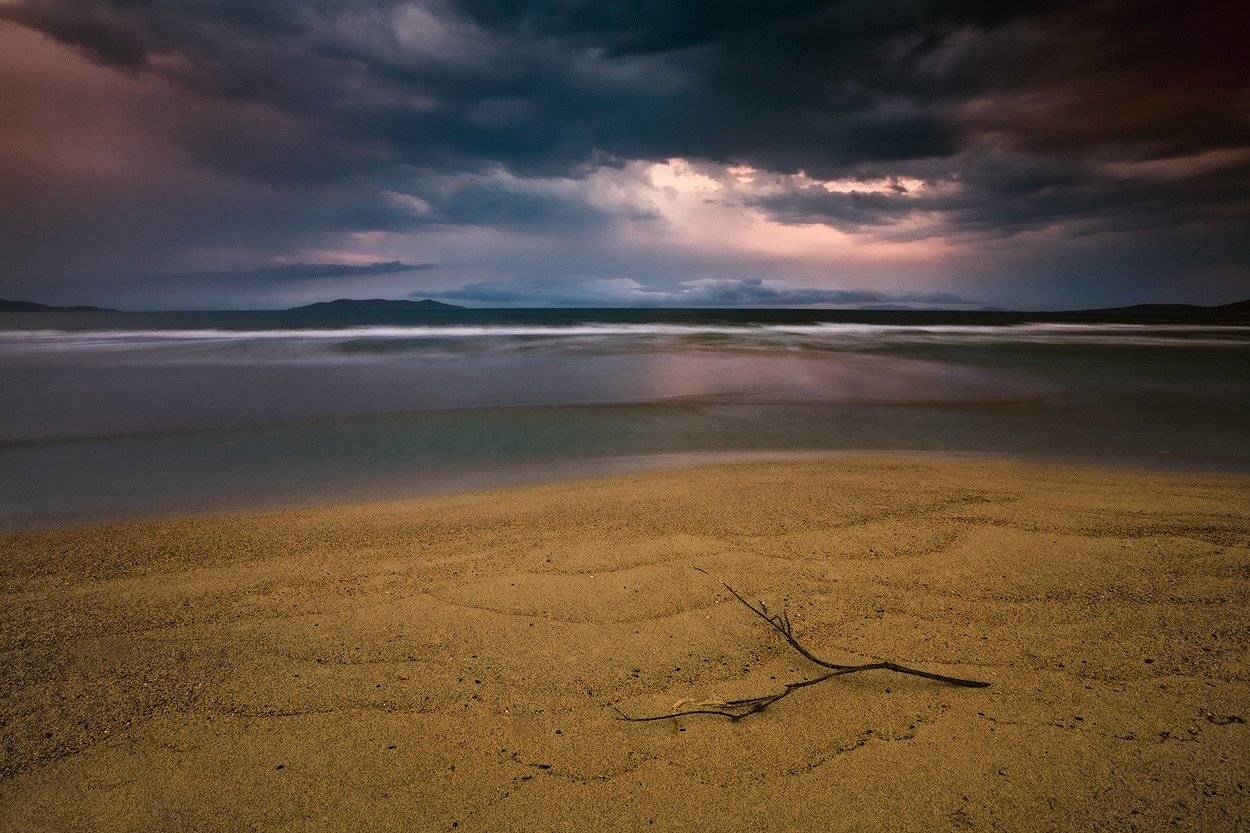 вечер, ветка, море, тучи, Андрей Кровлин