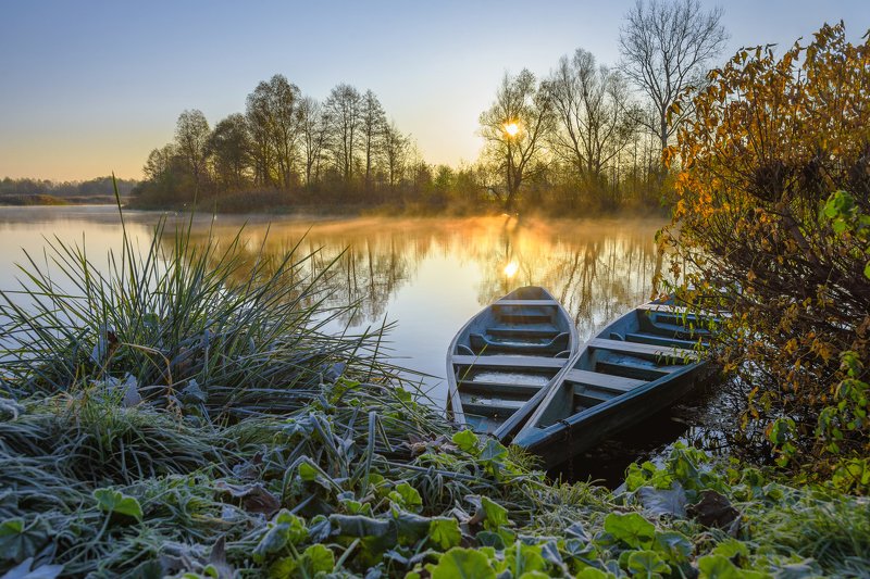 sunrise, boat, autumn, couple, two, morning Утренний Инь-Ян фото превью