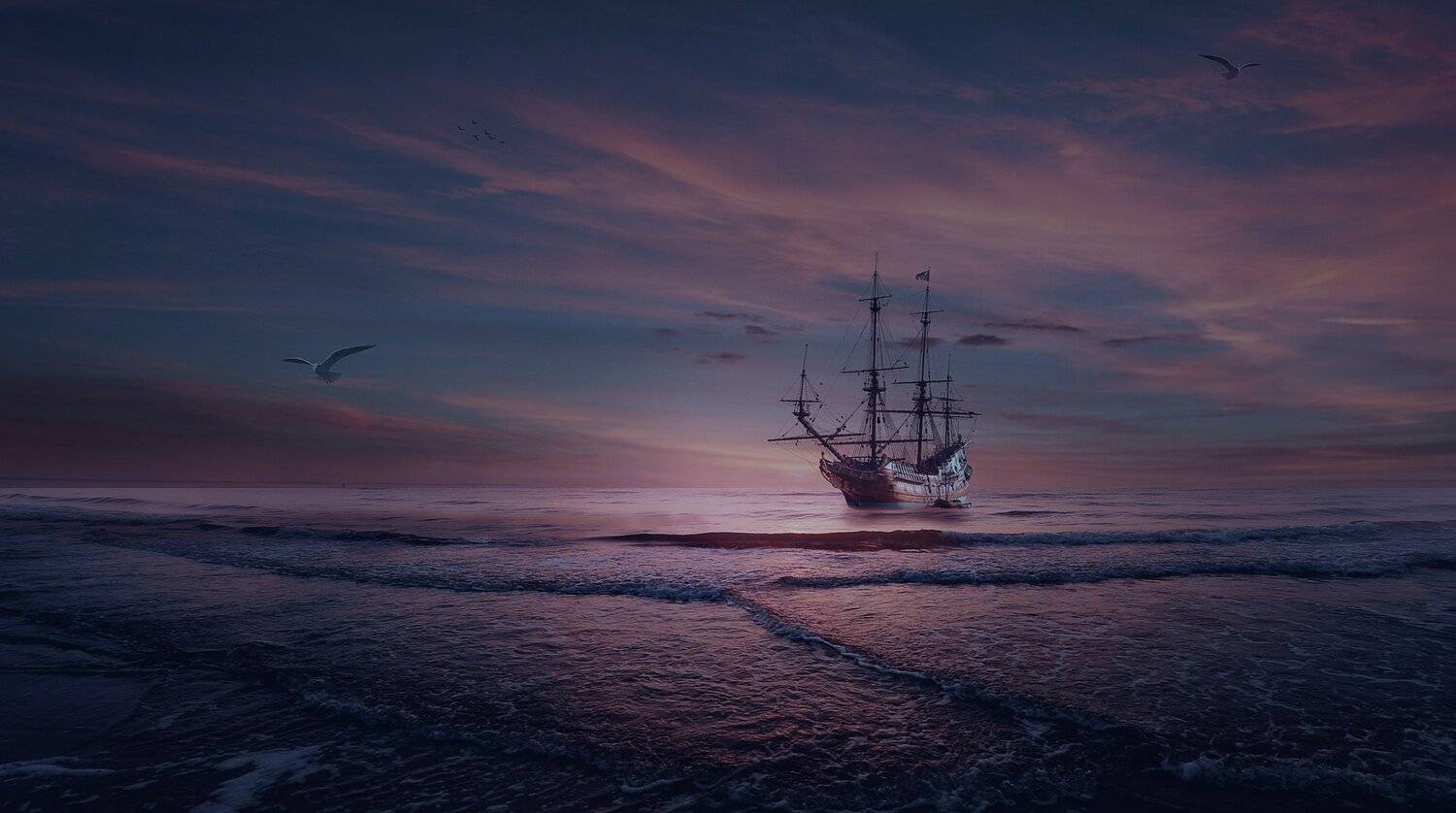 фрегат, облака, море, закат, Sergii Vidov