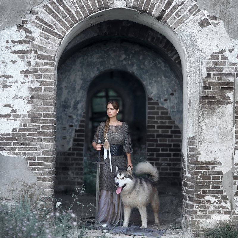 замок, маламут, девушка с маламутом, кольчуга, меч, девушка в кольчуге, лайка, девушка в замке  фото превью