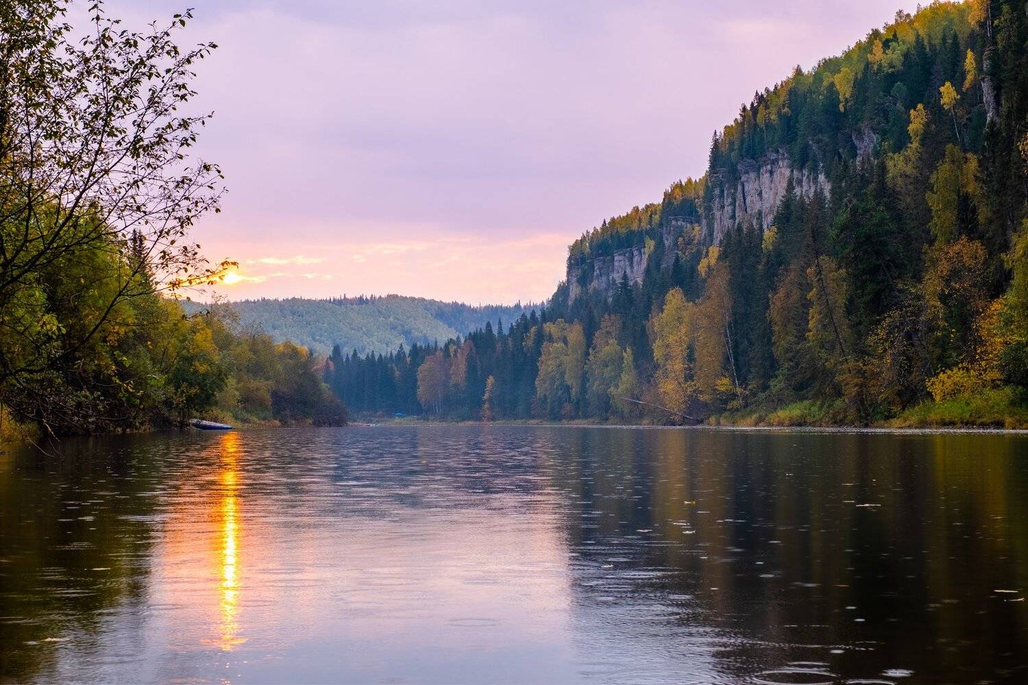 осень, река, скала, рассвет, Савицкий Ян