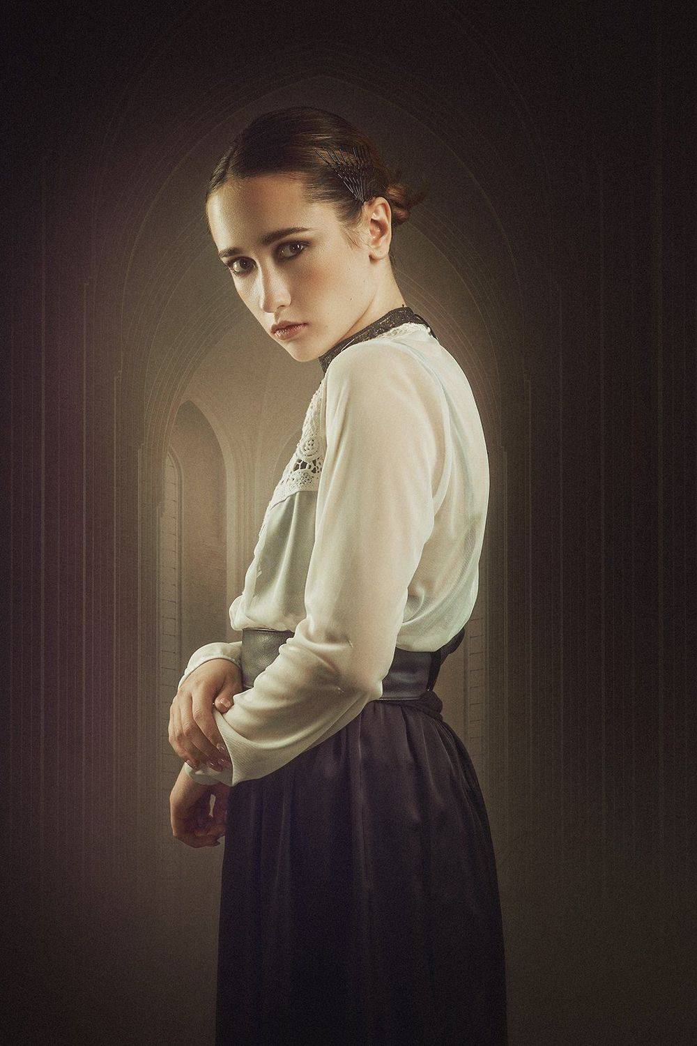 woman; female; portrait; castle; interior; horror; thriller; abandoned; halloween; dark; beauty; shadow; dusk; down; light; night; dress; robe; spooky; voodoo; magic; mystic; scary; ghost; honor; one; person; people; young; adult; pretty; girl; party, Дмитрий Толоконов