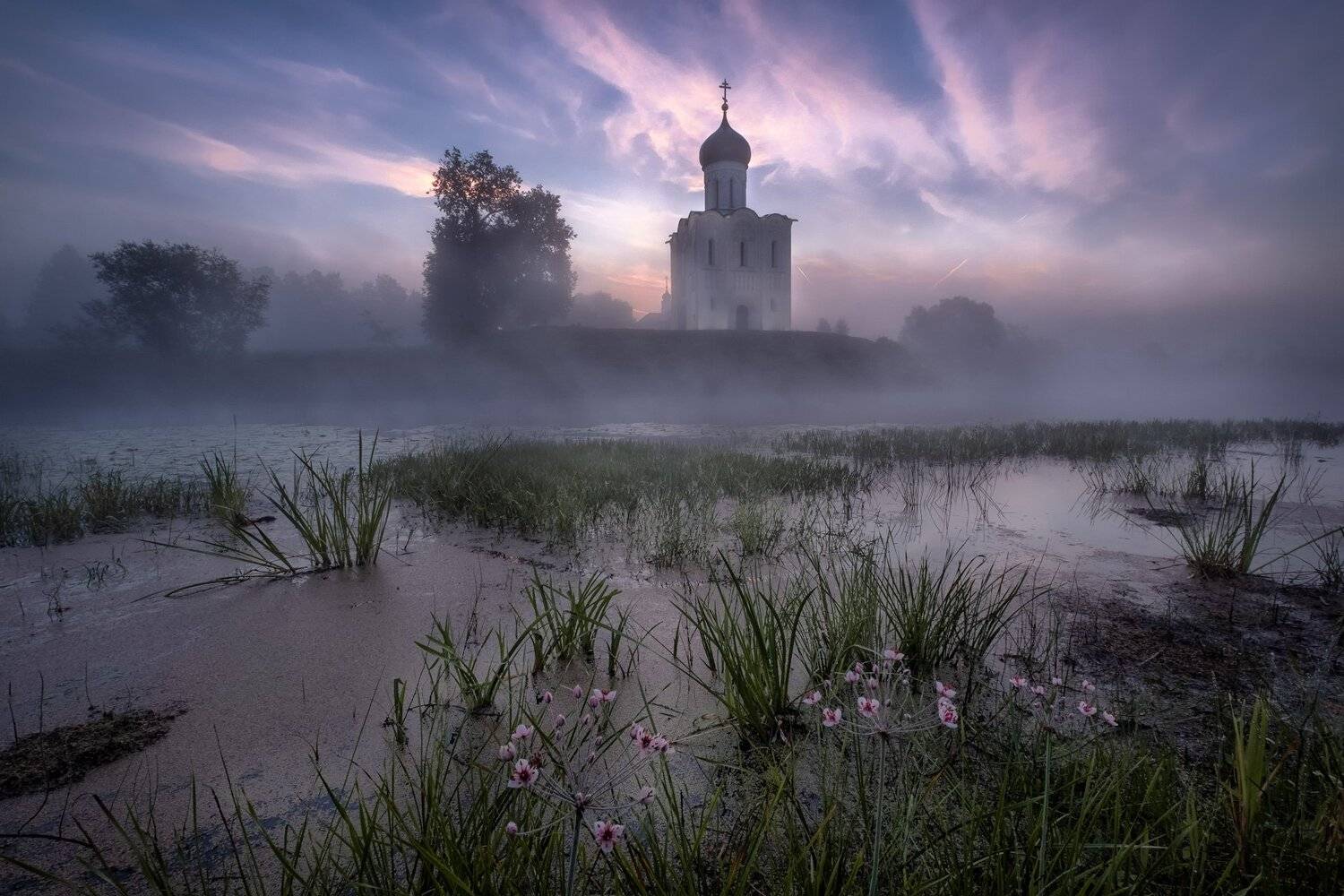 боголюбово, церковь, утро, туман, рассвет, вода, небо, Андрей Чиж