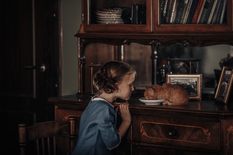 ретро, котенок, молоко, девочка. ребенок, ссср  фото превью