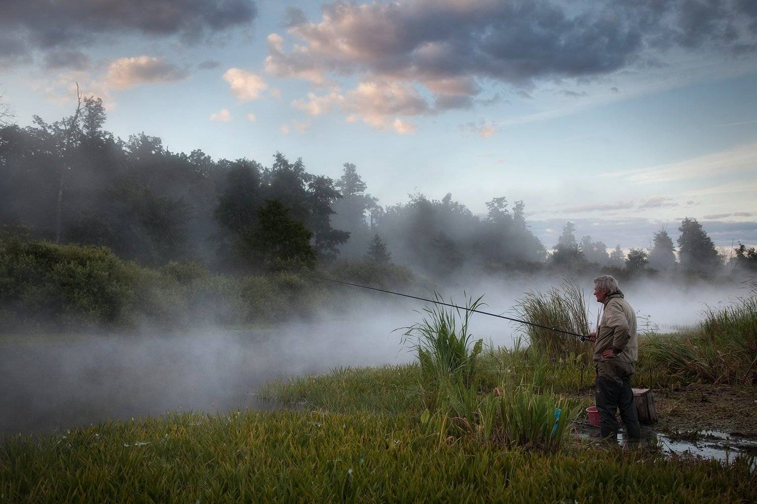 река,утро,туман,рыбак,трава,лето, Тамара Андреева