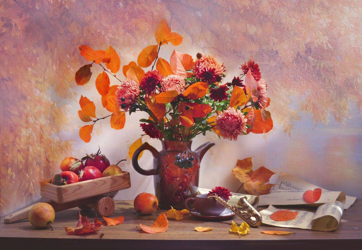still life, натюрморт,цветы, хризантемы, фото натюрморт, стихи, октябрь, осень, чёрная рябина, кленовые листья, яблоки, ноты, саксофон, Колова Валентина