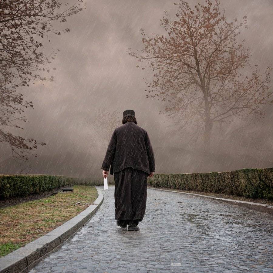 clouds, rain, tree, man, alone, stone, walking, priest, wet,, Caras Ionut