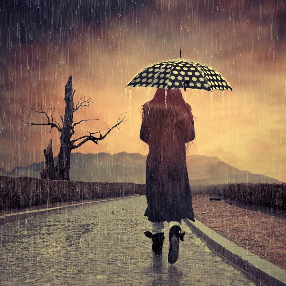 mist, fog, girl, umbrella, rain, tree, drops, rocks, bush, alone, wood, splash, stone, walking, mystery, mounting, wet, fantasy, listening, Caras Ionut