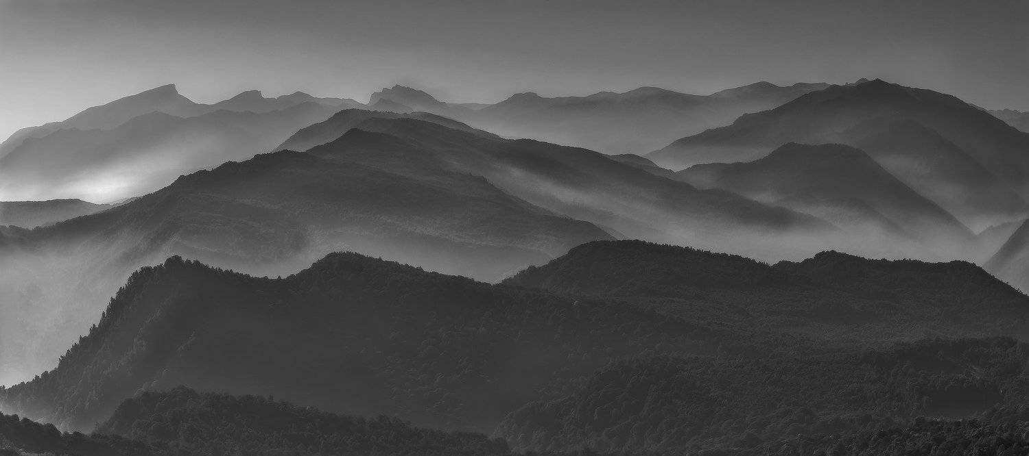 горы, кавказ, рассвет, ч.б., ФЁДОР