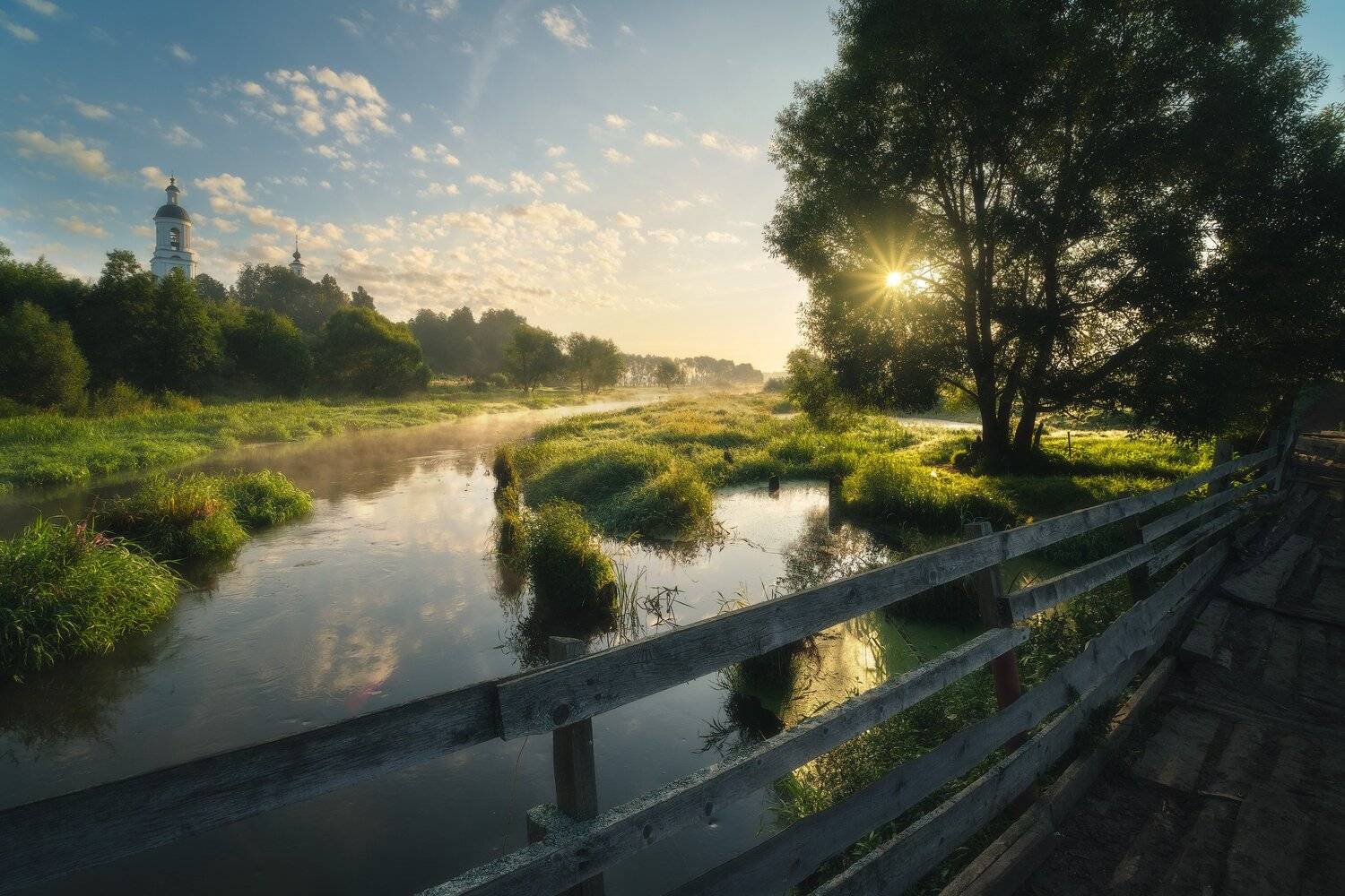 россия, владимирская область, киржач, филипповское, пейзаж, природа, церковь, река, шерна, сумерки, туман, отражение, лето, Оборотов Алексей