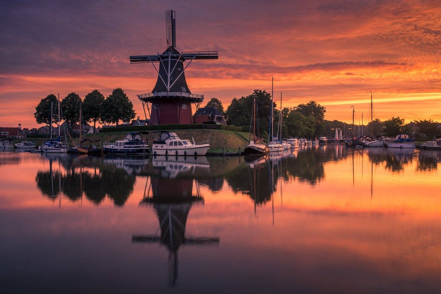 dokkum, netherlands, water, sunrise, sun, reflection, windmill,, Artur Bociarski