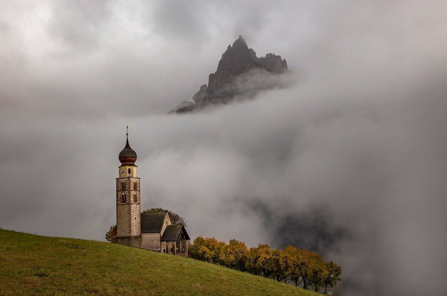 mountains, dolomites, italy, sunset, landscape, nature, travel, autumn, peak, clouds, trees, church, Lazar Ioan Ovidiu