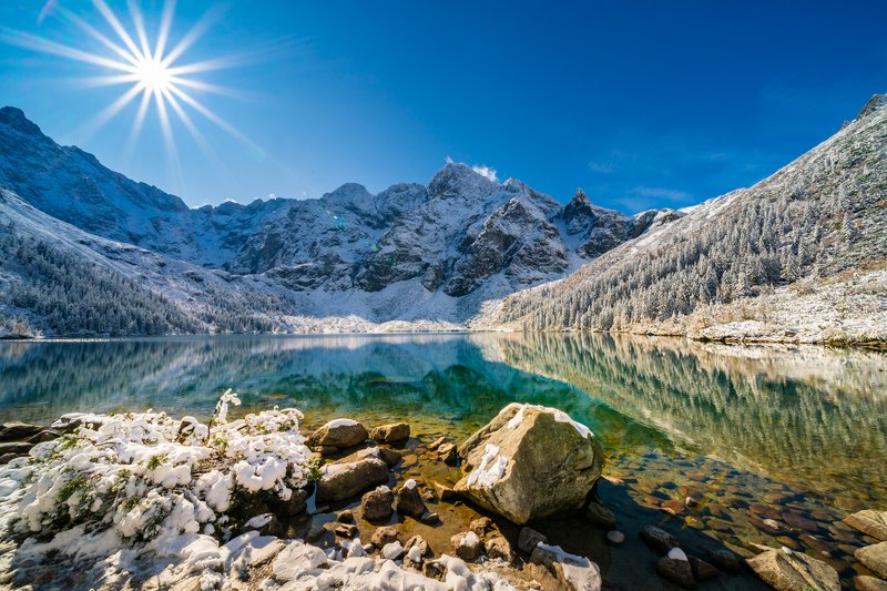 landscape, stream, mountains, morskie oko, zakopane, poland, sun, green, tatry, view, trees, niebo, water Morskie Oko фото превью