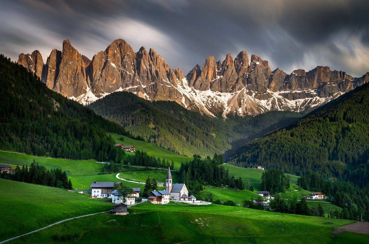 landscape nature scenery chapel church clouds mountain sunset low exposure italy dolomites, Александър Александров