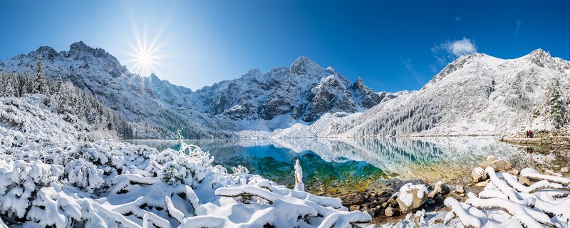 landscape, stream, mountains, morskie oko, rysy, zakopane, poland, sun, green, tatry, view, trees, niebo, water,panorama Morskie Oko panorama фото превью