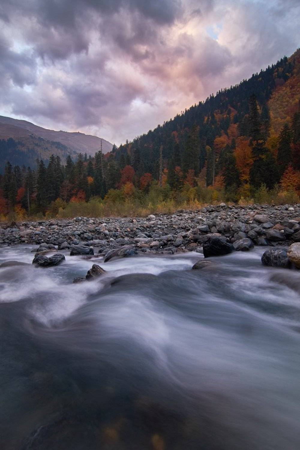 пейзаж,горы,кавказ,домбай,река,длинная выдержка,закат,вечер,осень,склоны,природа,, Горшков Игорь