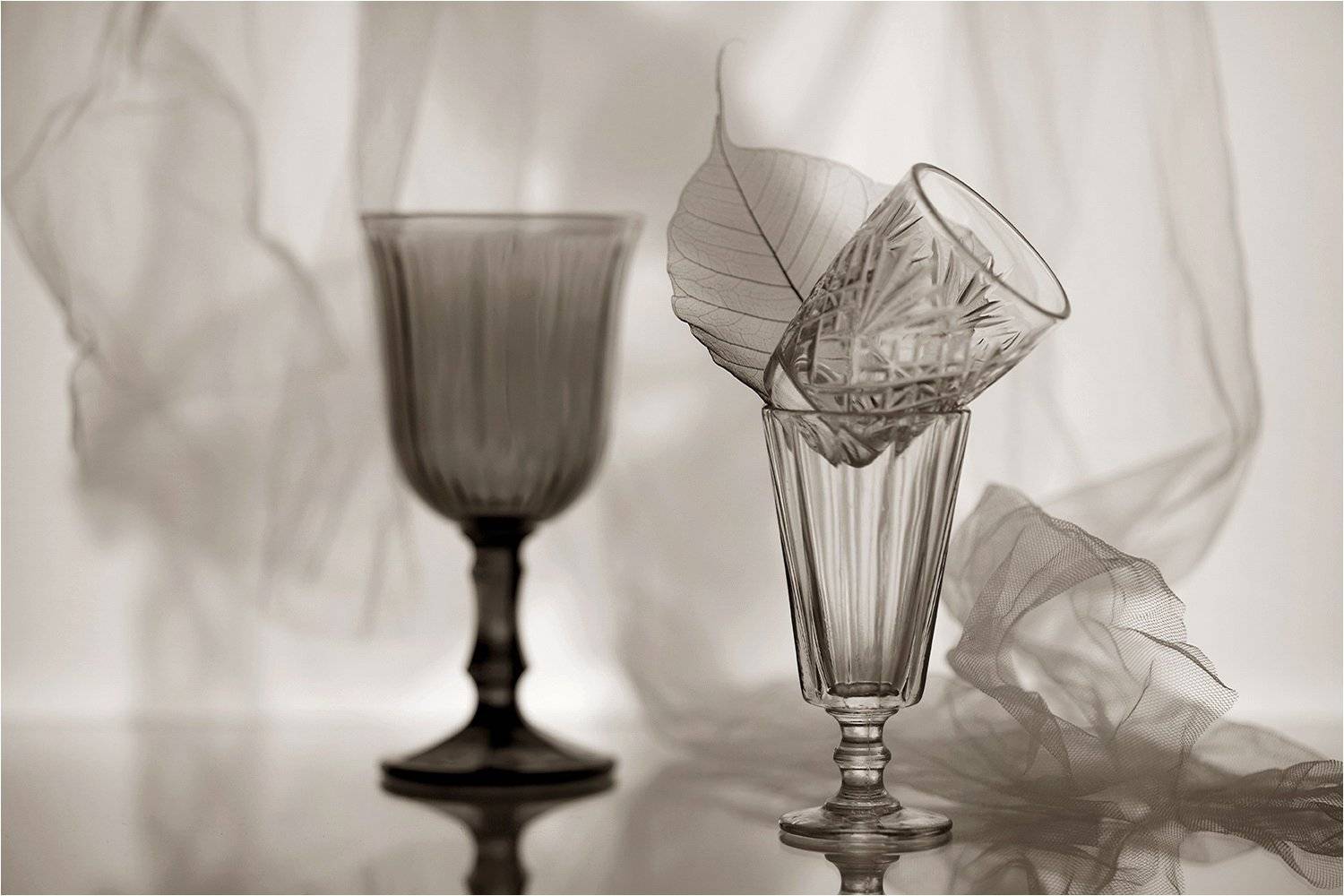 рюмка, бокал, драпировка, лист, сепия, натюрморт,, Victor Pechenev