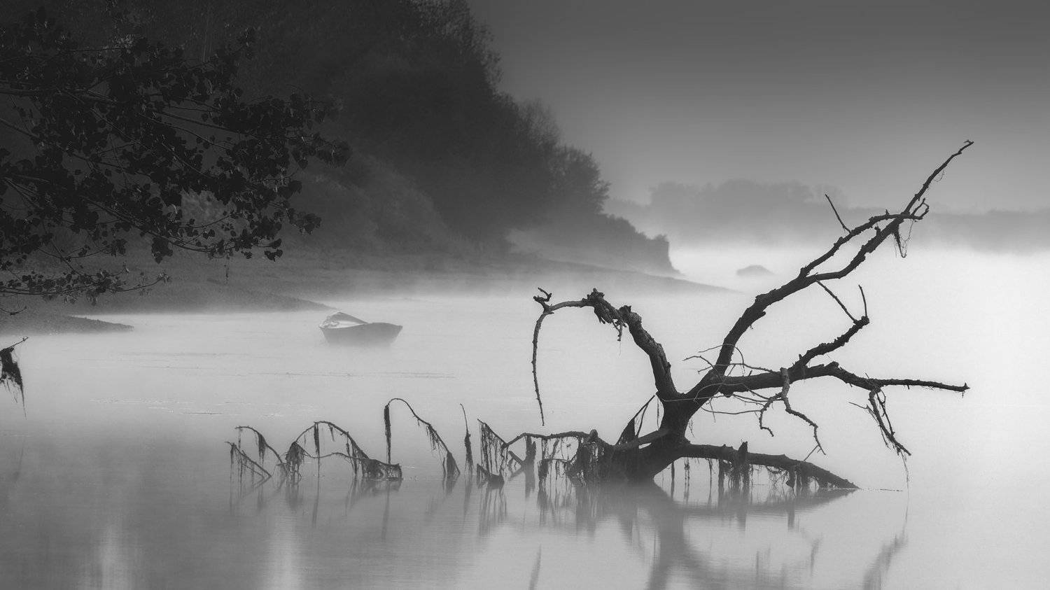 abstract, nature, blackwhite, bw, moody, boat, river, fog, Lyuboslav