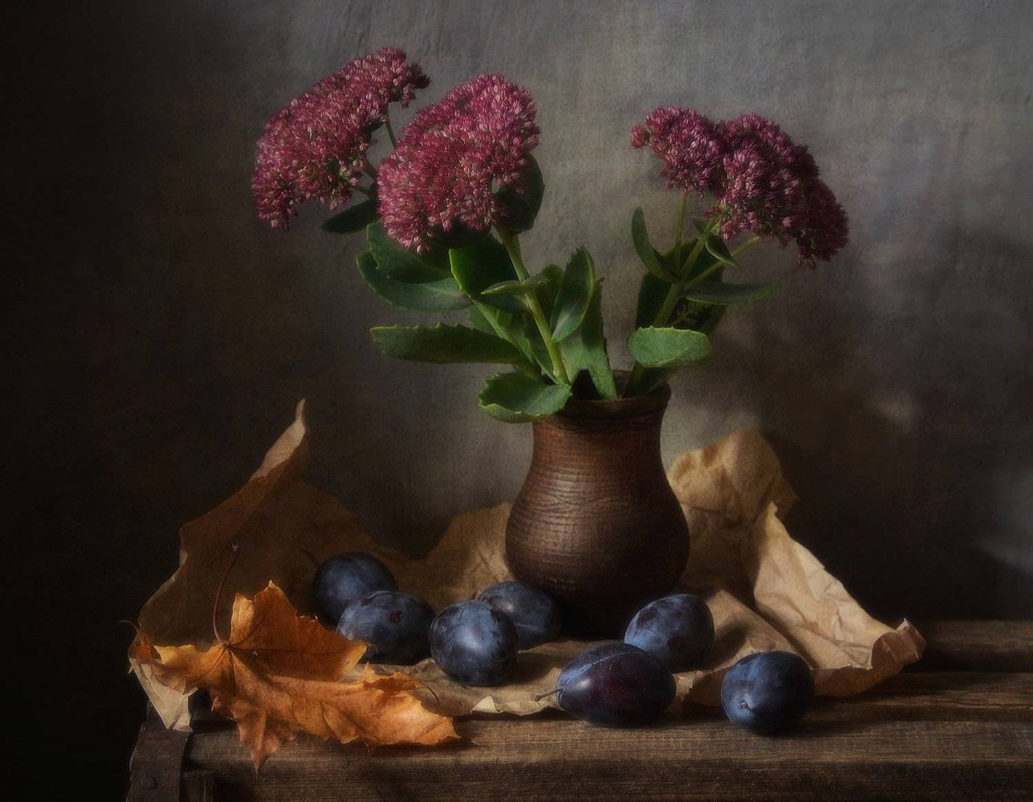 натюрморт,still life,очиток,осень,сливы, Наталия К