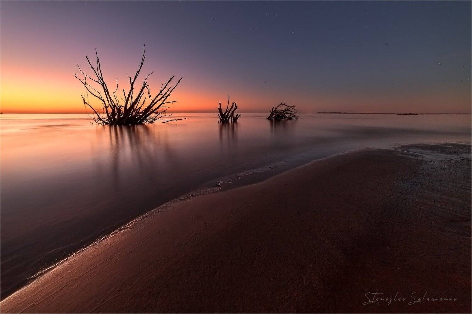 вечер, закат, отражения, берег, пляж, свет, зарево, пейзаж, Станислав Саламанов